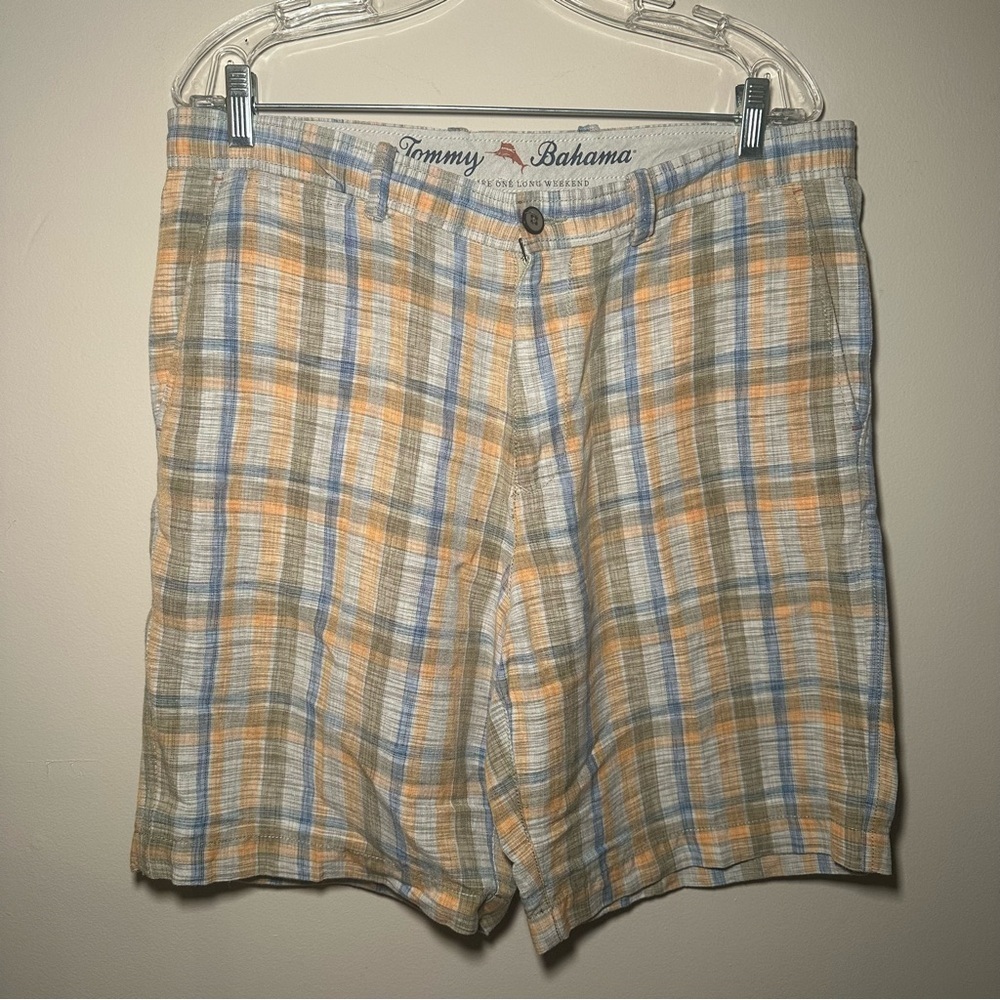 Tommy Bahama Linen Blend Summer Plaid Shorts Men’s 34 Casual Everyday Flat Front - Picture 2 of 14
